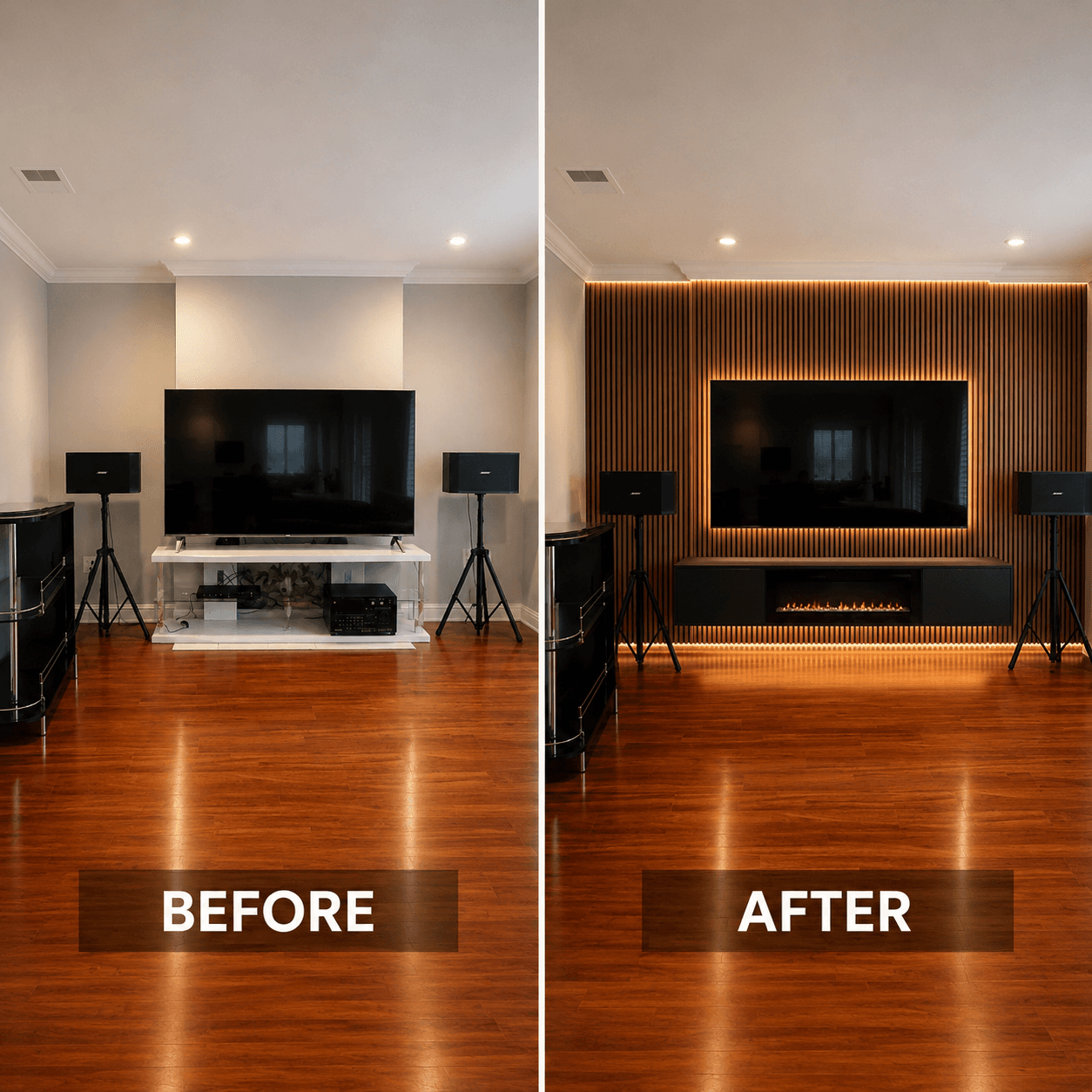 Cupertino — Dark slat wall, floating console, top and toe-kick LED wash.