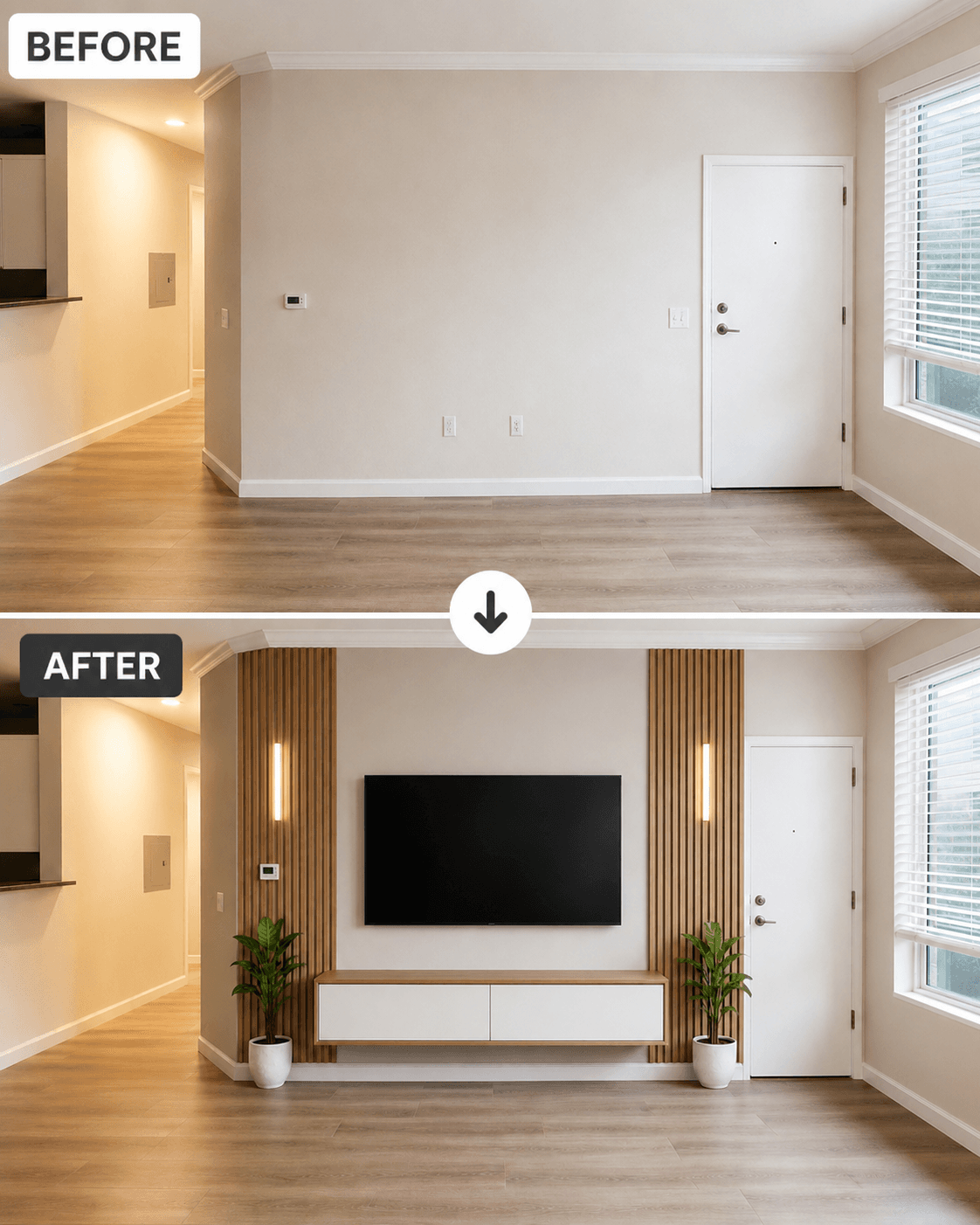 San Jose — Oak credenza floated clear of the baseboard, cables chased inside the wall.