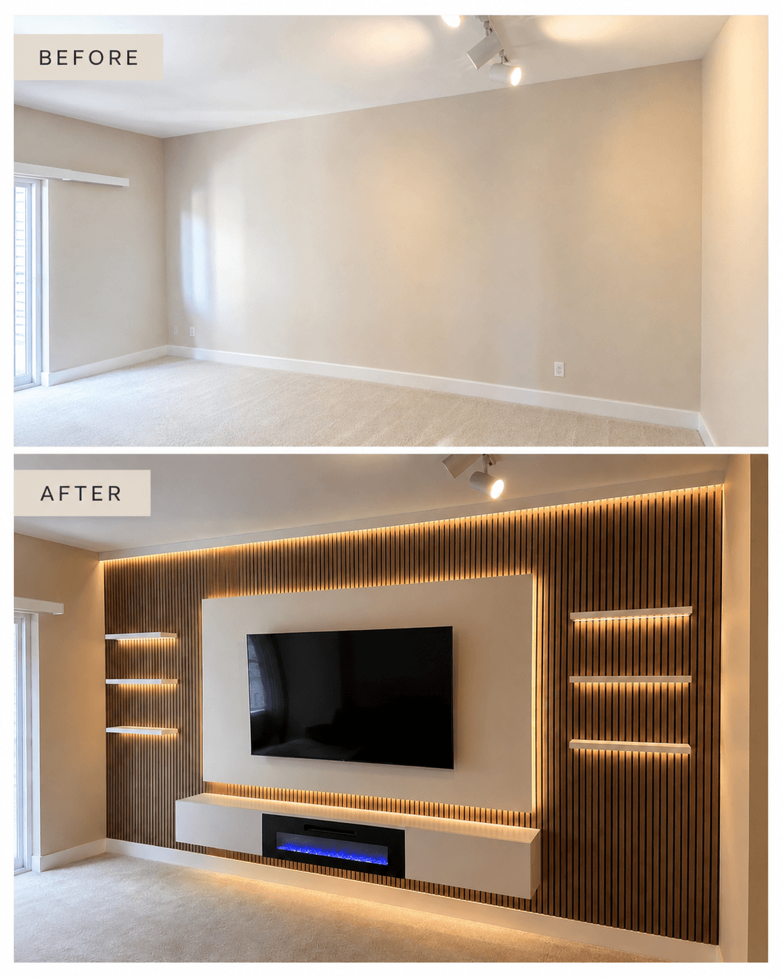Saratoga — 16 ft oak slat wall, recessed lit shelving, 60″ linear fireplace.